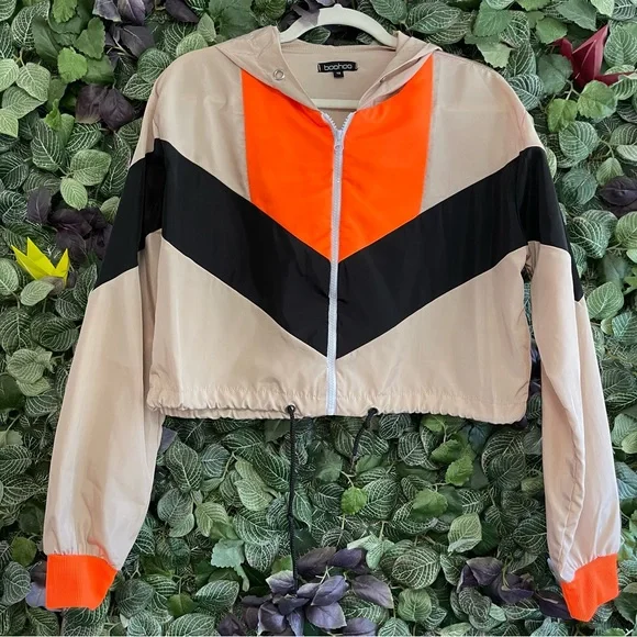 Boohoo- Cropped Hooded Paneled Windbreaker Jacket| Lightweight Polyester Size 12 - Picture 2 of 10